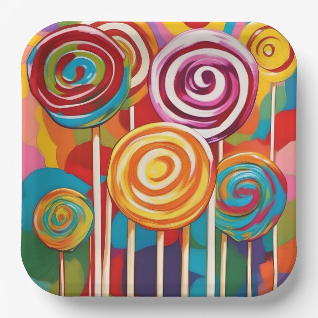 Farbenfrohe Lollipops Pappteller (Vorderseite)