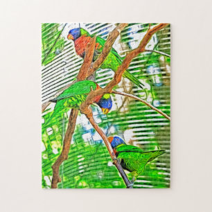 Farbenfrohe Loris auf einem Ast - Papageien - Gemä Puzzle