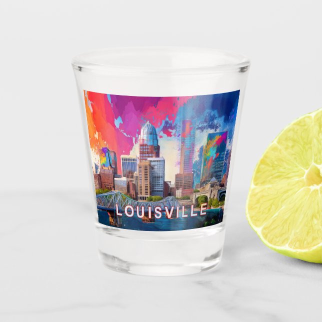 Farbenfrohe Louisville Skyline Abstrakt Art Schnapsglas (Vorderseite)