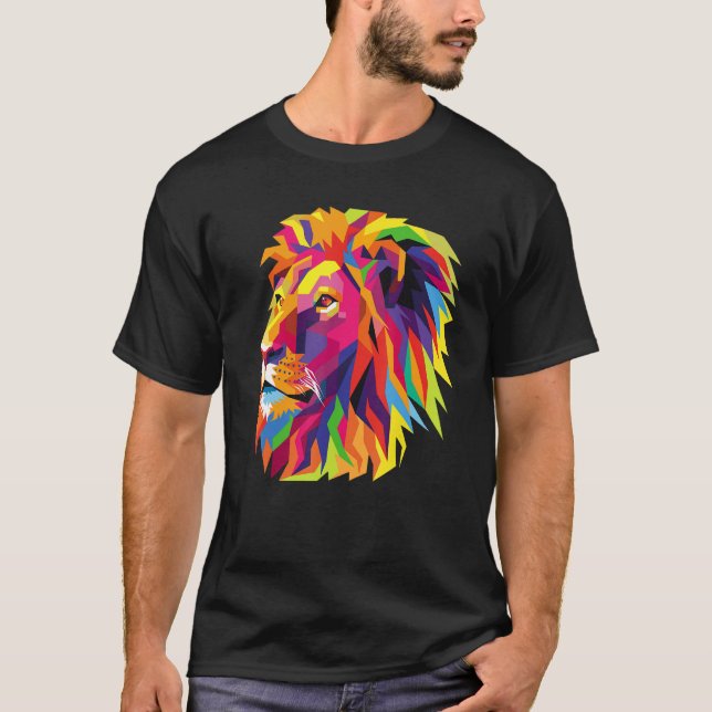 Farbenfrohe Löwenkopf Pop Art T-Shirt (Vorderseite)