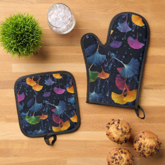 Farbenfrohe Luminogramm-Ginkgo-Blätter Ofenhandschuh & Topflappen-Set