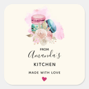 Farbenfrohe Macarons und Blume Aquarell Küche Quadratischer Aufkleber