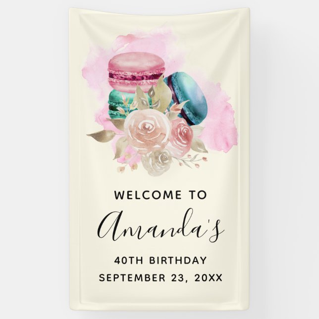 Farbenfrohe Macarons und Blume Wasserfarbe Geburts Banner (Vertikal)