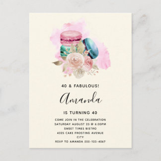 Farbenfrohe Macarons und Blume Wasserfarbe Geburts Einladungspostkarte