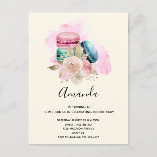 Farbenfrohe Macarons und Blume Wasserfarben Einladungspostkarte