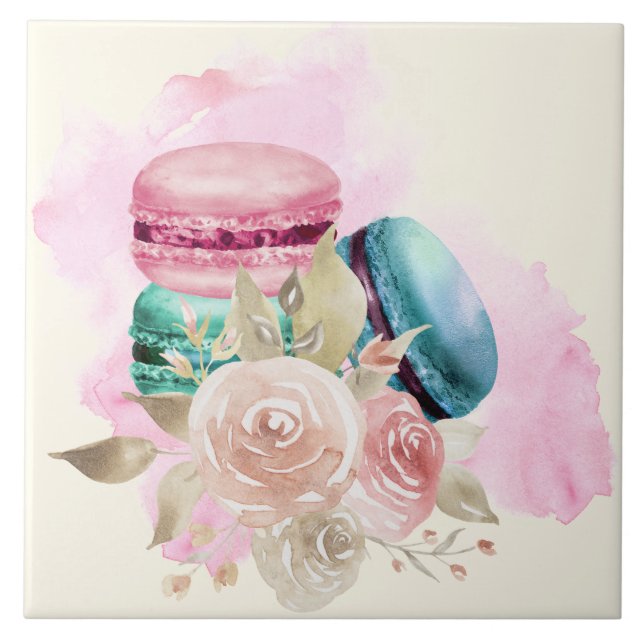 Farbenfrohe Macarons und Blume Wasserfarben Fliese (Vorderseite)