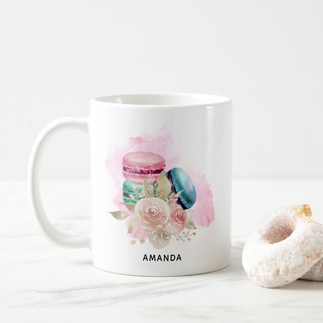 Farbenfrohe Macarons und Blume Wasserfarben Kaffeetasse (Mit Donut)