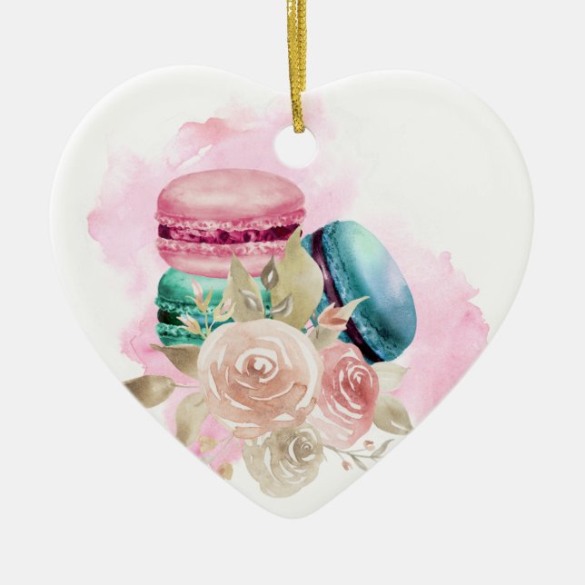Farbenfrohe Macarons und Blume Wasserfarben Keramik Ornament (Vorne)