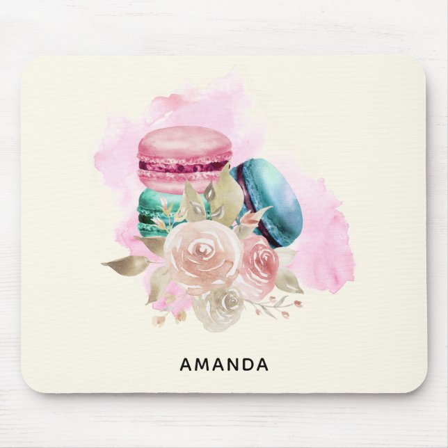 Farbenfrohe Macarons und Blume Wasserfarben Mousepad (Vorne)