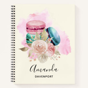 Farbenfrohe Macarons und Blume Wasserfarben Notizbuch