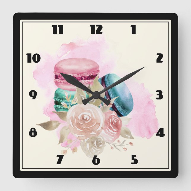 Farbenfrohe Macarons und Blume Wasserfarben Quadratische Wanduhr (Vorderseite)