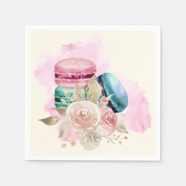 Farbenfrohe Macarons und Blume Wasserfarben Serviette (Vorderseite)