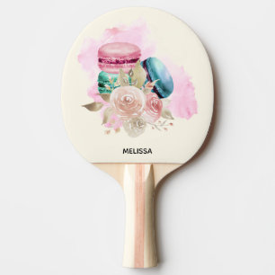 Farbenfrohe Macarons und Blume Wasserfarben Tischtennis Schläger