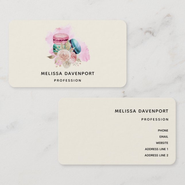 Farbenfrohe Macarons und Blume Wasserfarben Visitenkarte (Vorne/Hinten)