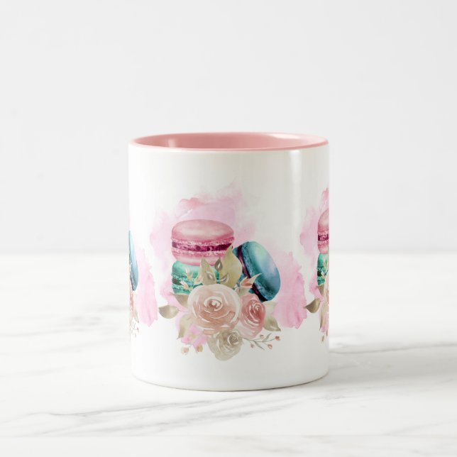 Farbenfrohe Macarons und Blume Wasserfarben Zweifarbige Tasse (Mittel)