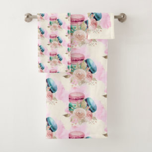 Farbenfrohe Macarons und Blume Wasserfarbmuster Badhandtuch Set