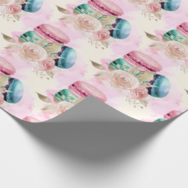 Farbenfrohe Macarons und Blume Wasserfarbmuster Geschenkpapier (Ecke)