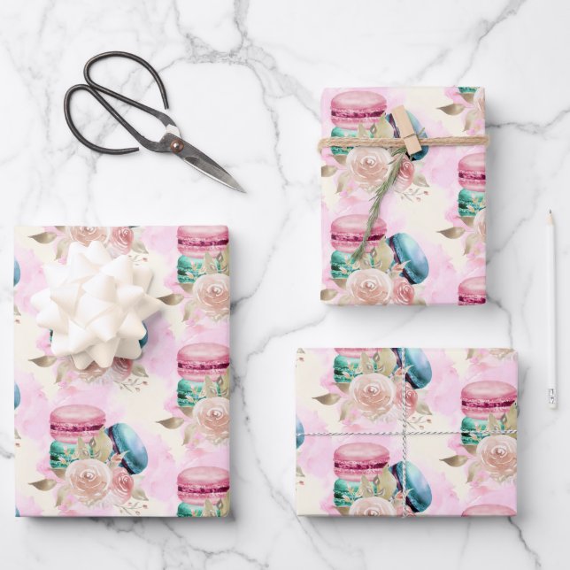 Farbenfrohe Macarons und Blume Wasserfarbmuster Geschenkpapier Set (Vorderseite)