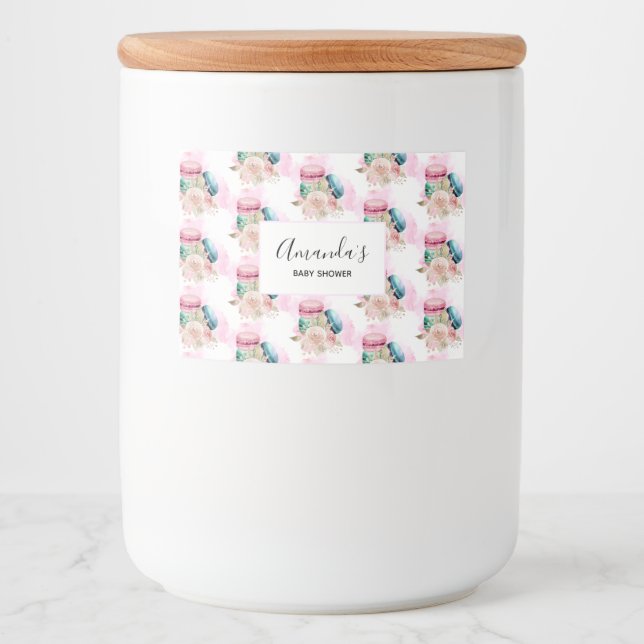 Farbenfrohe Macarons und Blume Wasserfarbmuster Lebensmitteletikett (Vorderseite)