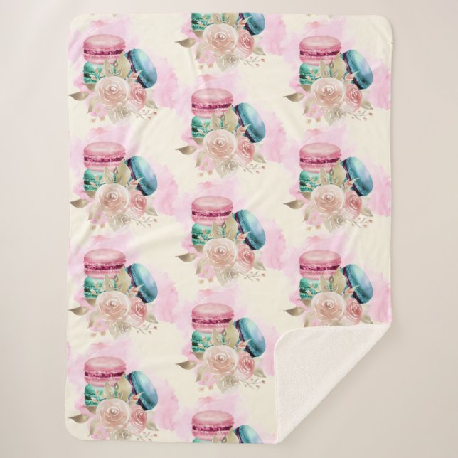 Farbenfrohe Macarons und Blume Wasserfarbmuster Sherpadecke (Vorderseite)