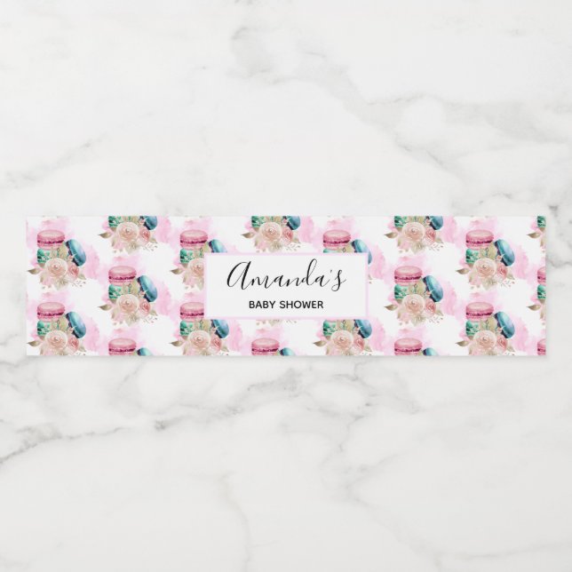 Farbenfrohe Macarons und Blume Wasserfarbmuster Wasserflaschenetikett (Einzelnes Label)