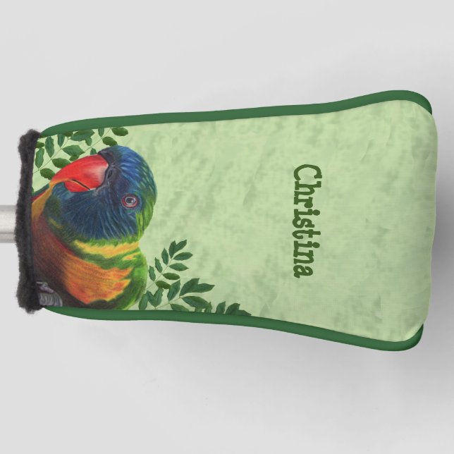 Farbenfrohe Macaw Parrot Green Blätter Golf Headcover (Vorderseite)