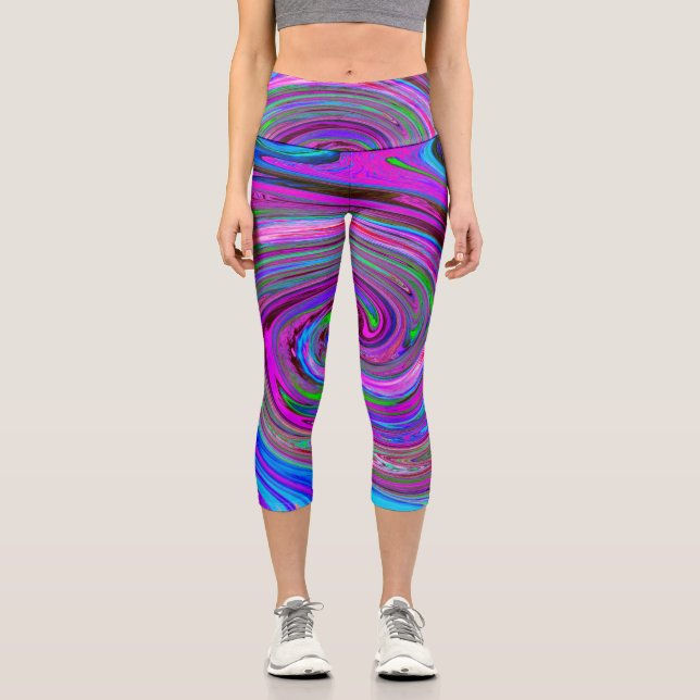 Farbenfrohe Magenta Swirl Retro Abstraktes Design Capri Leggings (Vorderseite)