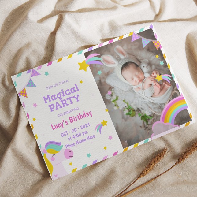 Farbenfrohe magische Einheit mit Foto Einladung (Capture the joy of your special day with our charming Hand-drawn Emoji Photo Birthday Party Invitati)