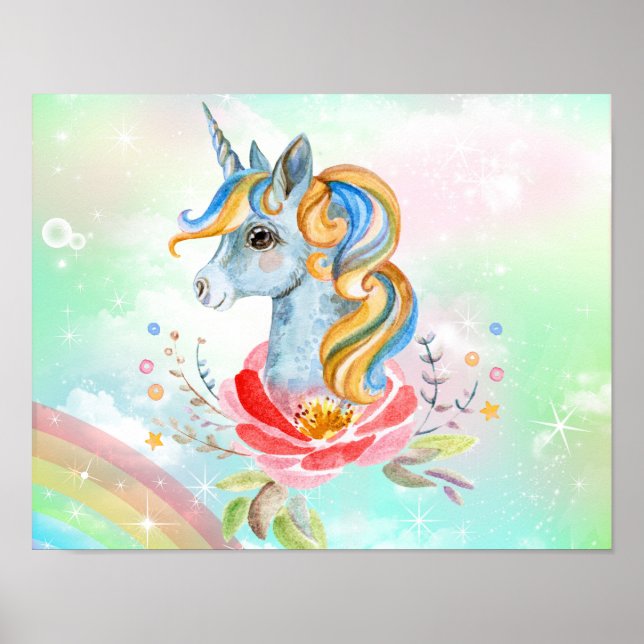 Farbenfrohe magische Einhorn-Regenbogenpresse Poster (Vorne)