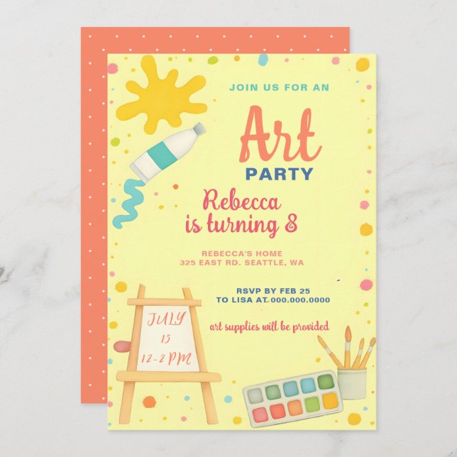 Farbenfrohe Malerei Zeichnend Kunst Party Geburtst Einladung (Vorne/Hinten)