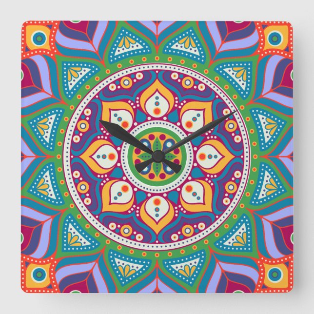 Farbenfrohe Mandala Clock Quadratische Wanduhr (Vorderseite)