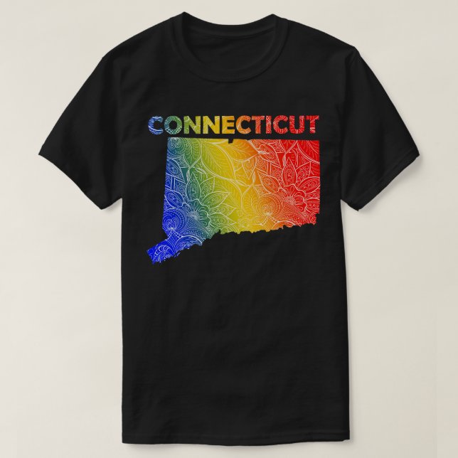 Farbenfrohe Mandala Kunstkarte von Connecticut mit T-Shirt (Design vorne)