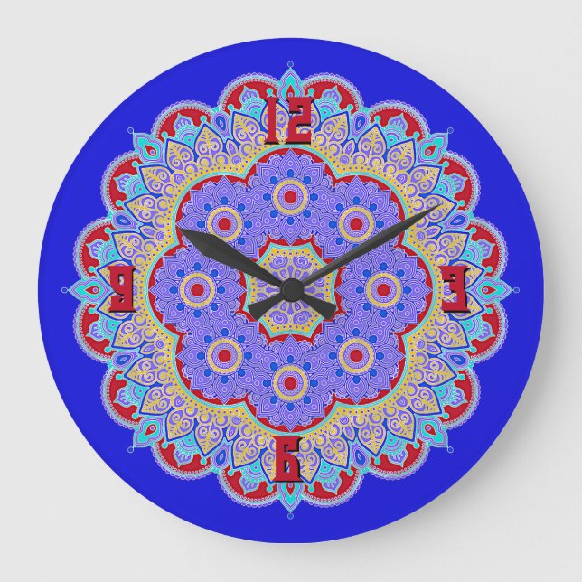 Farbenfrohe Mandala Large Clock Große Wanduhr (Vorderseite)
