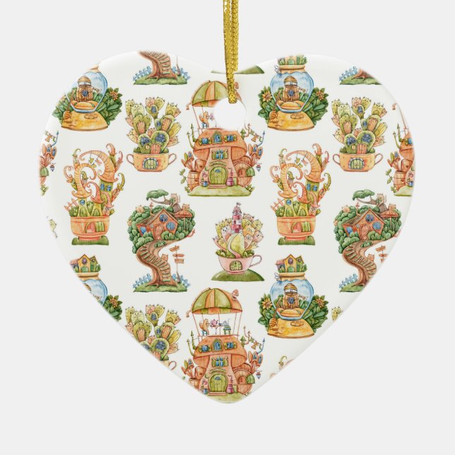 Farbenfrohe Märchenhäuser Muster Keramik Ornament (Vorne)