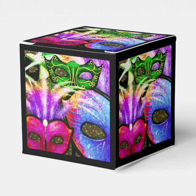 Farbenfrohe Mardi Gras Masken Cube Favor Box Geschenkschachtel (Vorderseite)