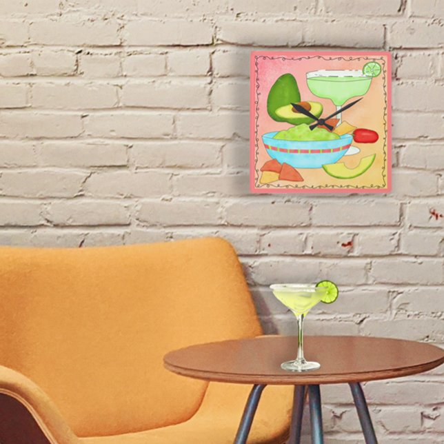Farbenfrohe Margarita Guacamole Fun Celebrate Quadratische Wanduhr (Enjoy a margarita and keep time with.your favorite drink - a margarita while keeping time.)