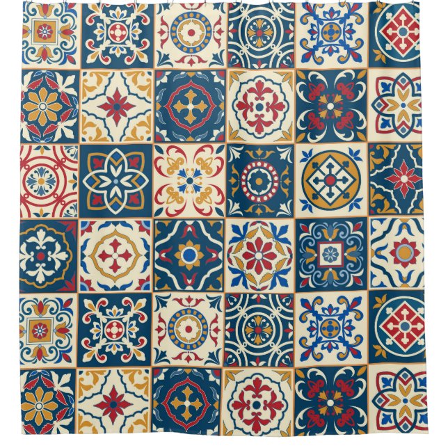 Farbenfrohe marokkanische Fliesen, herrliches, nah Duschvorhang (Vorderseite)