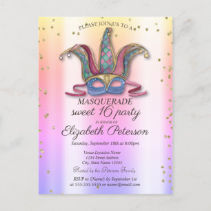 Farbenfrohe Masque Diamonds Masquerade Sweet 16 Einladungspostkarte