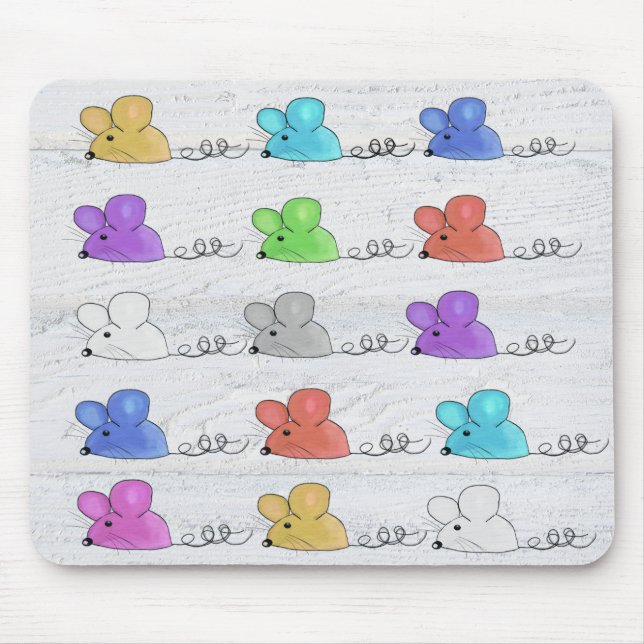 Farbenfrohe Mäuse auf weißem Holz Mousepad (Vorne)