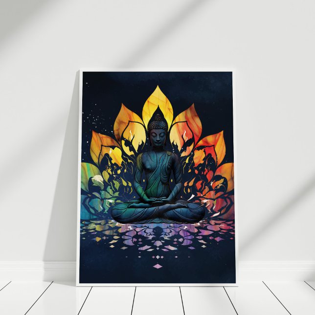 Farbenfrohe Meditation Buddha Universum Kunst Poster (Colorful Meditating Buddha Universe Wall Art in white frame against white wall.)