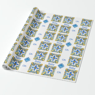 Farbenfrohe mediterrane Blue Oh Baby Dusche Geschenkpapier