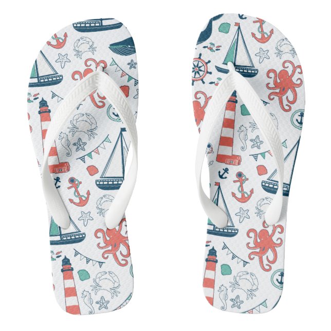 Farbenfrohe Meereslebewesen und nautische Symbole  Flip Flops (Fußbett)