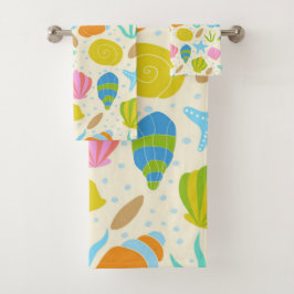 Farbenfrohe Meeresmuscheln, Seesterne und Austern Badhandtuch Set