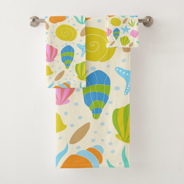 Farbenfrohe Meeresmuscheln, Seesterne und Austern Badhandtuch Set (Insitu)