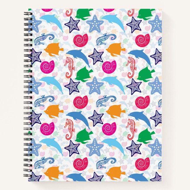 Farbenfrohe Meerestiere Illustrationsmuster Notizbuch (Vorderseite)
