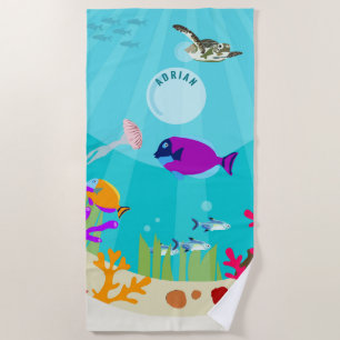 Farbenfrohe Meerestiere Kinder Name Strandtuch