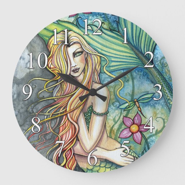 Farbenfrohe Meerjungfrau Fantasy Clock Große Wanduhr (Vorderseite)