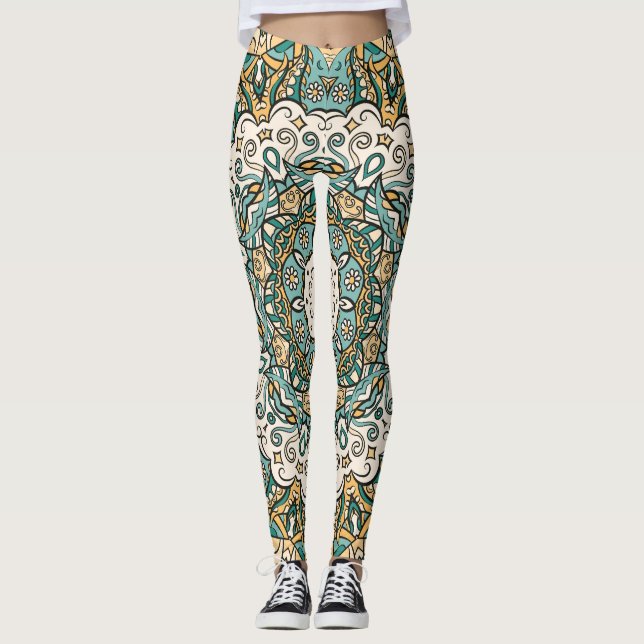 Farbenfrohe Mehndi Tile Nahtlose Tracerei Leggings (Vorderseite)