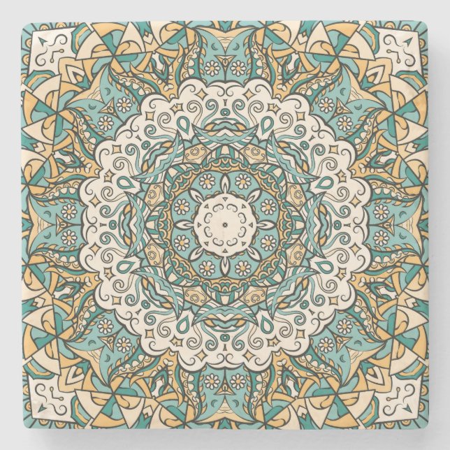 Farbenfrohe Mehndi Tile Nahtlose Tracerei Steinuntersetzer (Vorderseite)