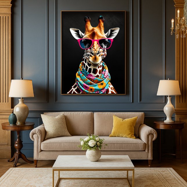 Farbenfrohe Meisterspass Giraffe Kunst-Lounge Poster (Colorful Maximalist Fun Giraffe Art Print Mockup 1)